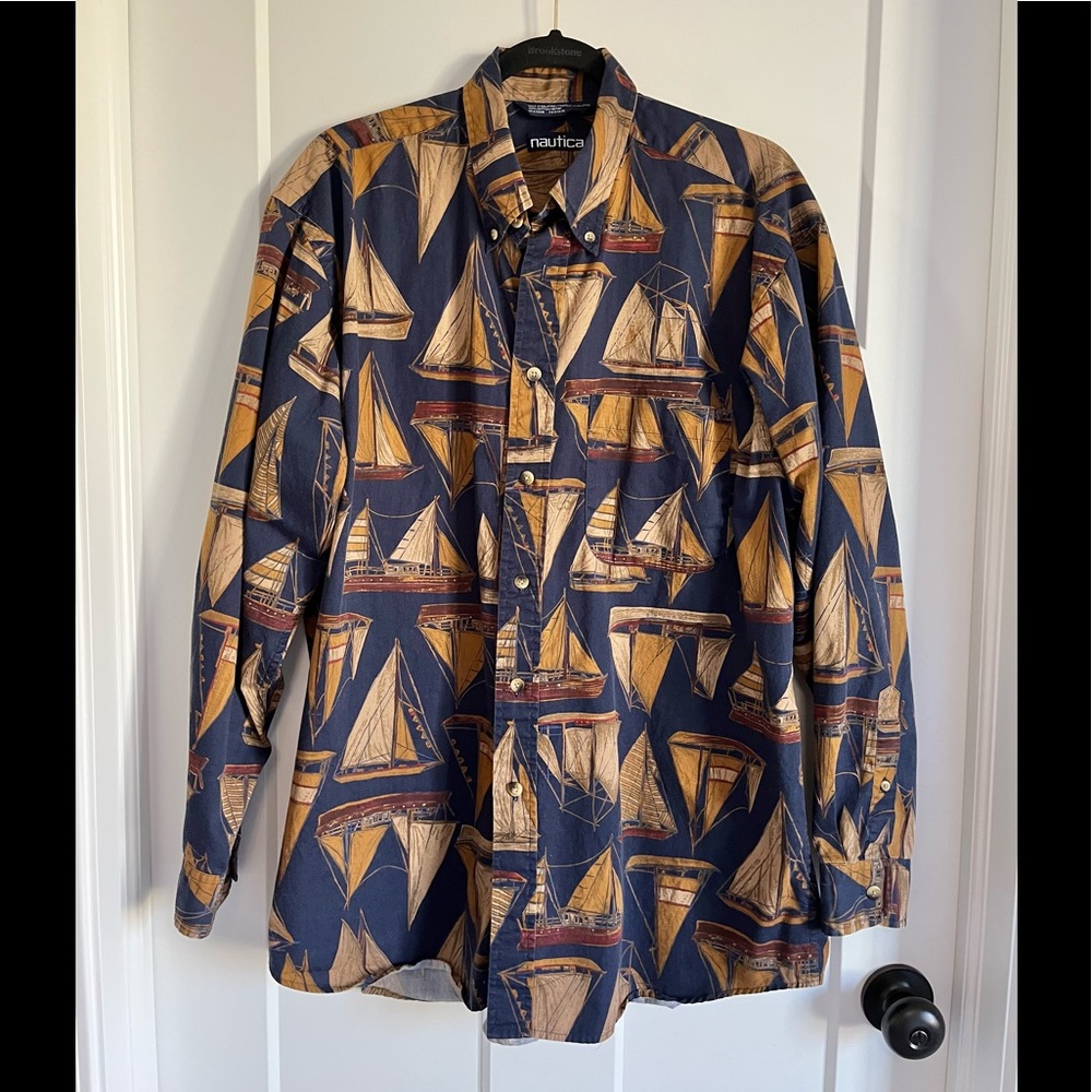Vintage Sailboat Long Sleeve Button Down Shirt Large